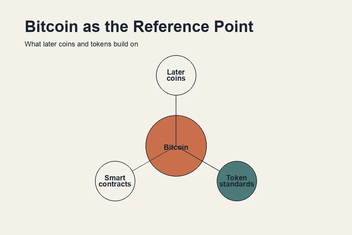 Diagram showing Bitcoin at the center with later blockchain networks and token standards branching outward