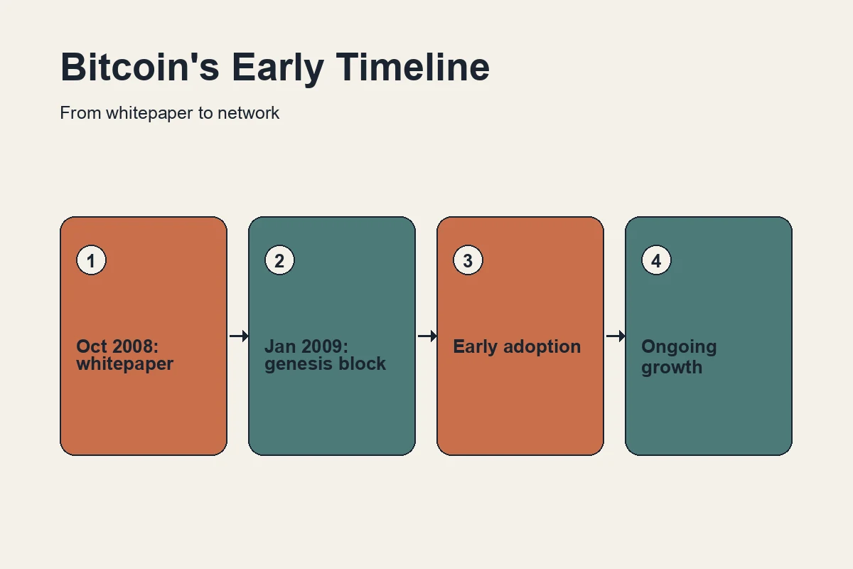 Timeline showing the October 2008 whitepaper, the January 2009 genesis block, and Bitcoin's early growth