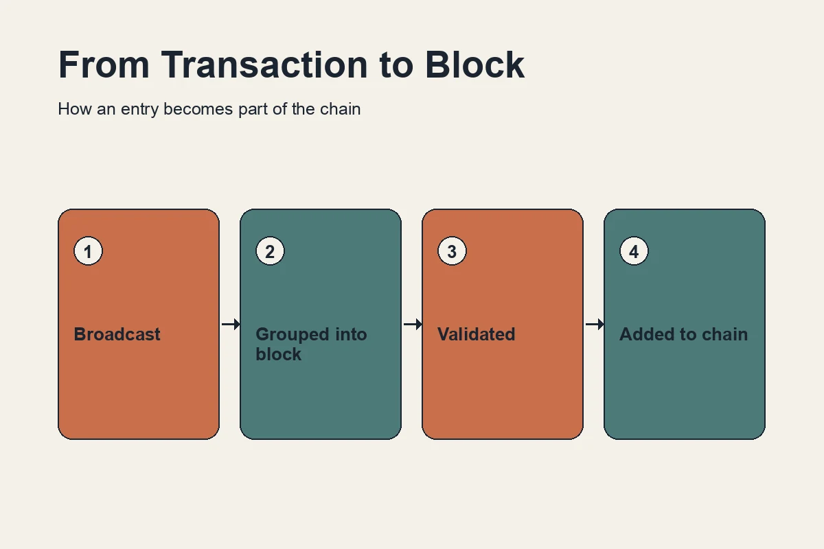 Four-step diagram showing a transaction being broadcast, grouped into a block, validated, and added to the chain