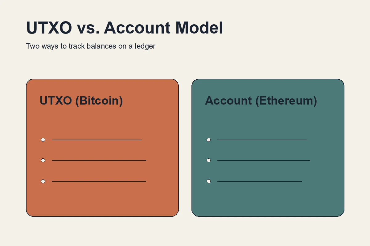 Comparison of the UTXO ledger model used by Bitcoin and the account-based ledger model used by Ethereum