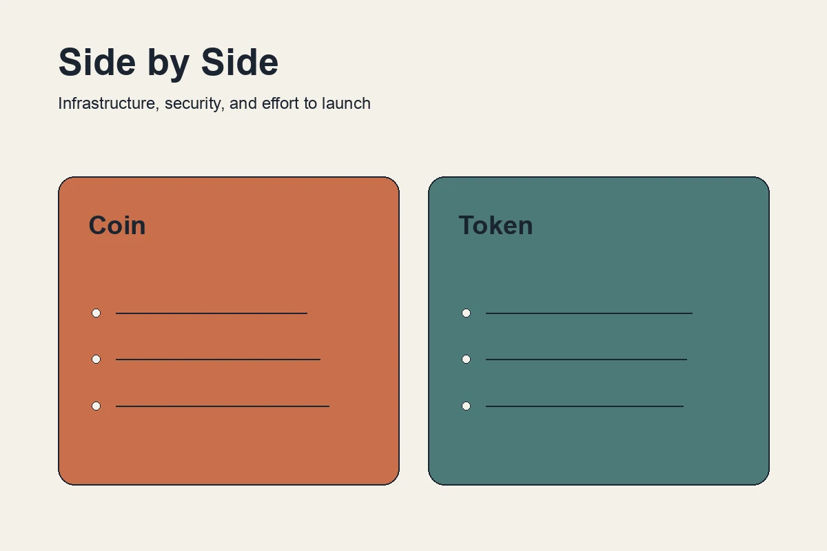 Side-by-side comparison of coins and tokens across blockchain ownership, security, and effort to launch