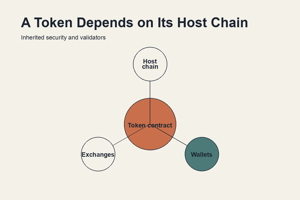 Diagram showing a token contract depending on its host blockchain for validation and security