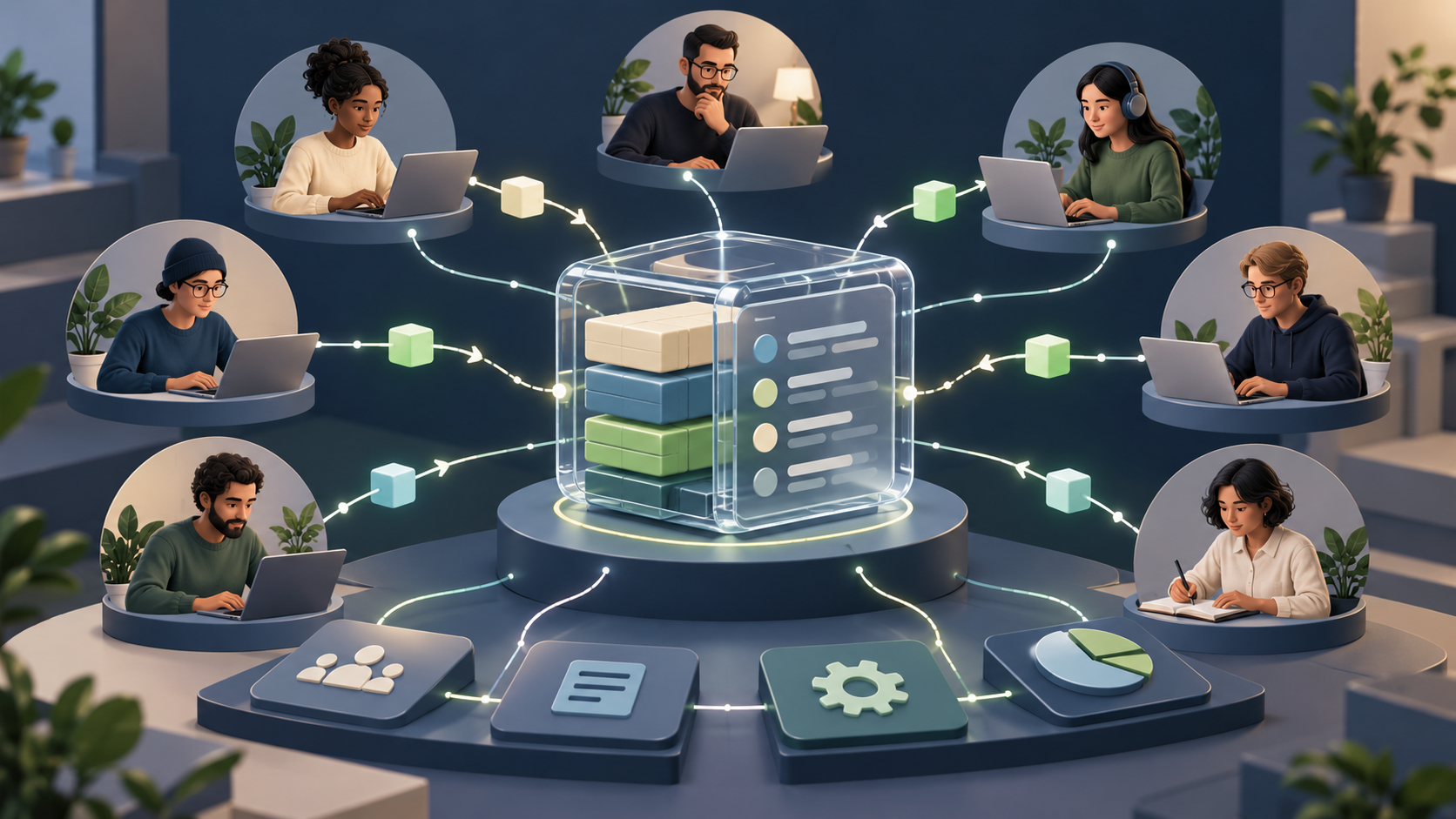Web3 contributors connected to a shared project treasury and compensation workflow